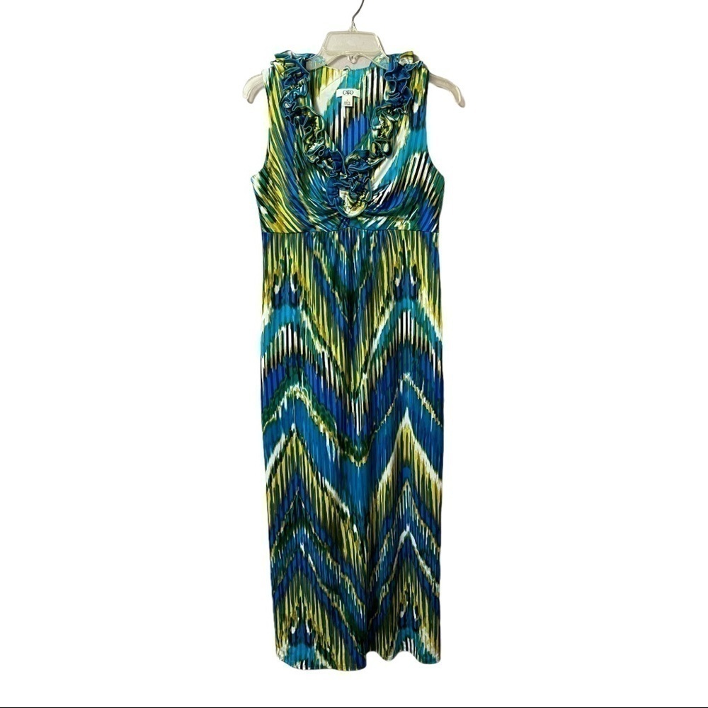Ruffled V-neck empire waist sleeveless maxi dress variegated chevron print Small
